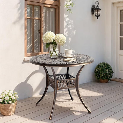 Outvita Patio Side Table, 35.4in Outdoor Round Cast Aluminum Bistro Table with Umbrella Hole and Antique Design for Backyard Porch Pool Balcony Deck Bronze