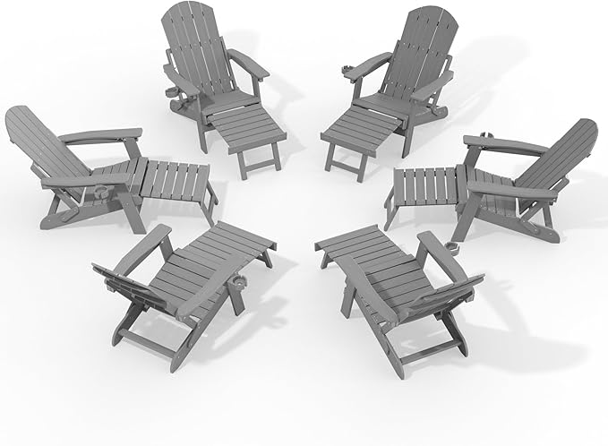 YEFU Adjustable Adirondack Chair with Retractable Ottoman Set of 6,Folding Adirondack Chair with Cup-Holder, Outdoor Chairs with Footrest,Weather Resistant Fire Pit Chairs,for Patio Lawn