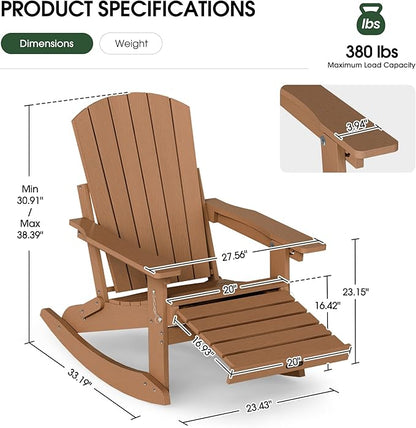 Adirondack Rocking Chair with Retractable Ottoman Set of 4, 4-in-1 Foldable Reclining Patio Chair, HDPE Wood-Look Outdoor Rocker for Porch, Garden & Poolside, Teak