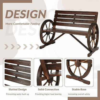 2-Piece Wooden Wagon Wheel Bench Set with Coffee Table, 2-Person Rustic Wood Garden Bench W/Wagon Wheel Armrests & Slatted Backrest, Outdoor Patio Loveseat Furniture Set for Lawn Yard Park