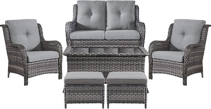Belord 6 Pieces Patio Furniture Set Outdoor Wicker Furniture, 2 Patio Wicker Chairs with 1 Loveseat Sofa, Coffee Table and Ottomans, Patio Conversation Set for Porch Garden Deck Balcony Poolside