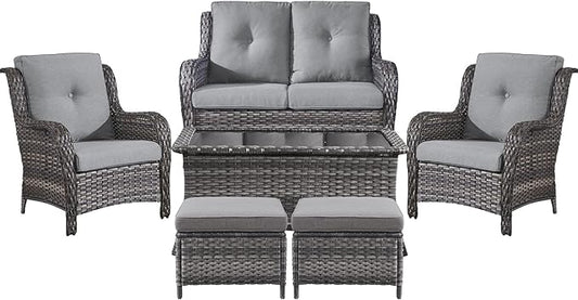 Belord 6 Pieces Patio Furniture Set Outdoor Wicker Furniture, 2 Patio Wicker Chairs with 1 Loveseat Sofa, Coffee Table and Ottomans, Patio Conversation Set for Porch Garden Deck Balcony Poolside
