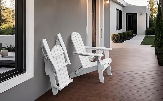 Folding Adirondack Chair Set of 6, Wooden Textured Plastic Adirondack Chairs with 2 Cup Holder, Weather Resistant HDPE Fire Pit Chair, Outdoor Patio Chairs for Garden, Backyard, Lawn, Deck, White