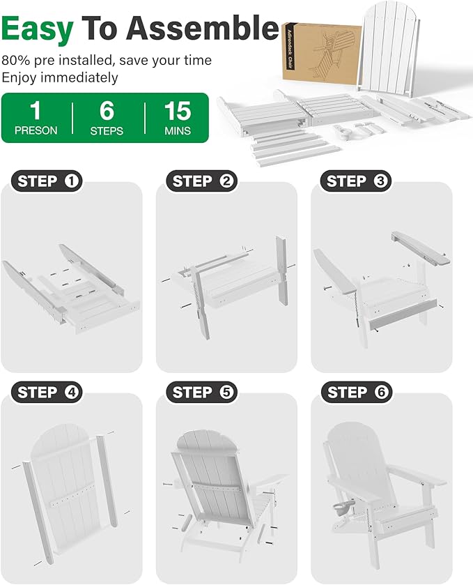 YEFU Adirondack Chair with Retractable Ottoman: Adjustable Folding Adirondack Chairs Set of 2 with Cup Holder - Fire Fit Chairs with Footrest - HDPE Plastic All Weather for Outdoor/Patio/Lawn(White)