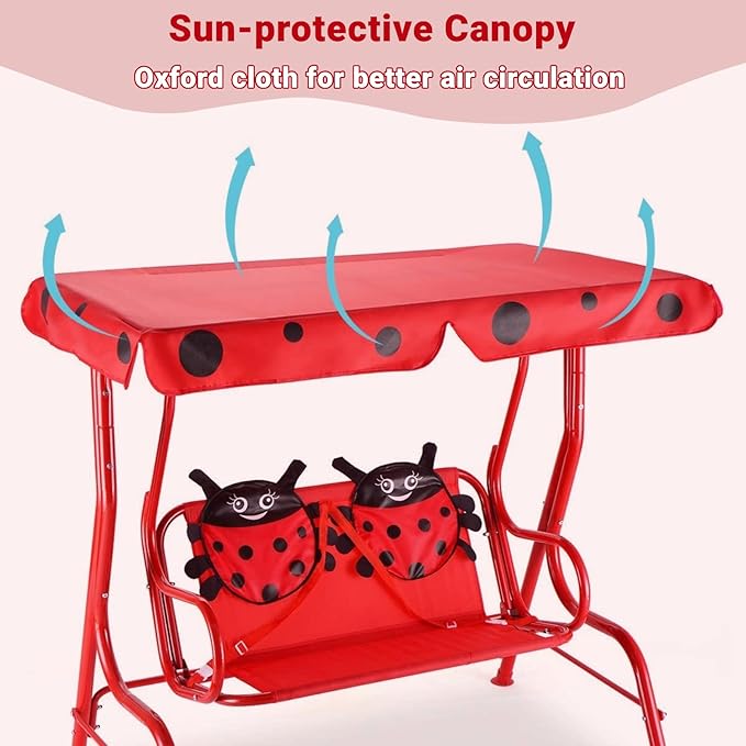 Costzon Kids Porch Swing, All-Weather Patio Swing Bench Hammock w/Adjustable Canopy & Safety Belts for 2 Children - Photo 5
