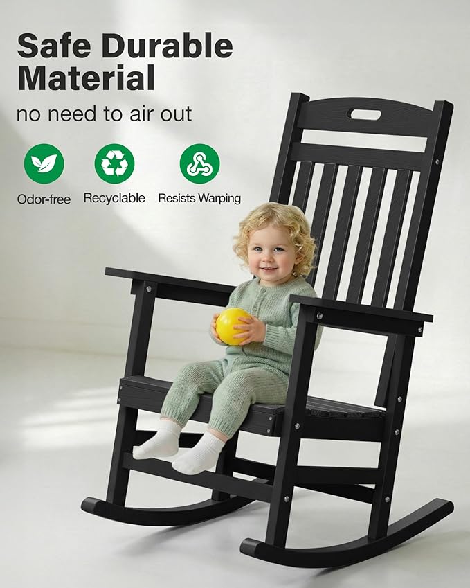 YEFU Outdoor Rocking Chairs Set of 2: Patio Rocking Chair for Adult, Outdoor Rocker Weather Resistant, Easy to Assemble, Safe&Comfortable, Black