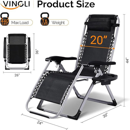 VINGLI Padded Zero Gravity Chair, Lounge Chair with Removable Cushion & Tray， Folding Reclining Patio Chairs， Recliner Chair for Lawn，Indoor and Outdoor