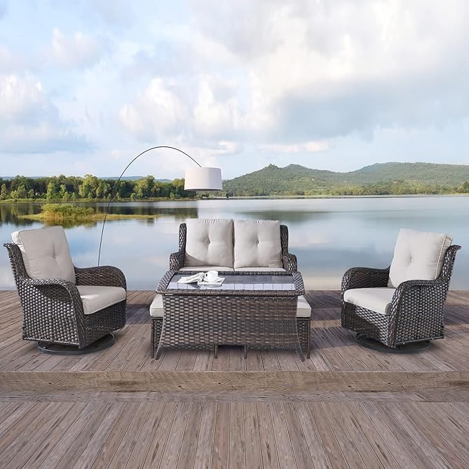 Rilyson Wicker Patio Furniture Set - 6 Piece Rattan Outdoor Sectional Conversation Sets with 2 Swivel Rocking Chairs - Photo 7