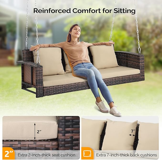 5FT Wicker Porch Swing for 3 Person, 1000lb Capacity Outdoor Hanging Bench with 3 Removable Cushions - Photo 4