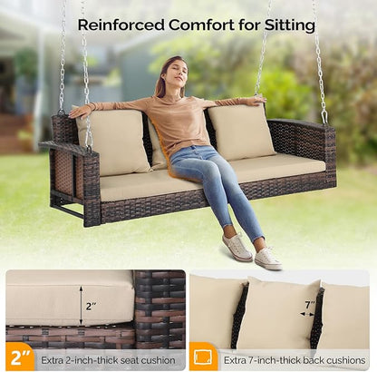 5FT Wicker Porch Swing for 3 Person, 1000lb Capacity Outdoor Hanging Bench with 3 Removable Cushions, Handwoven Weather-Resistant PE Rattan for Patio, Garden & Backyard