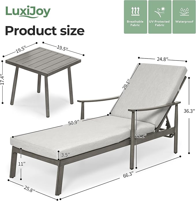 Outdoor Lounge Chair with Armrest, Patio Aluminum Chaise Lounge Set of 3, Adjustable Backrest with Rope Design, Patio Recliner Chairs Cushions for Lawn Pool Beach (Grey)