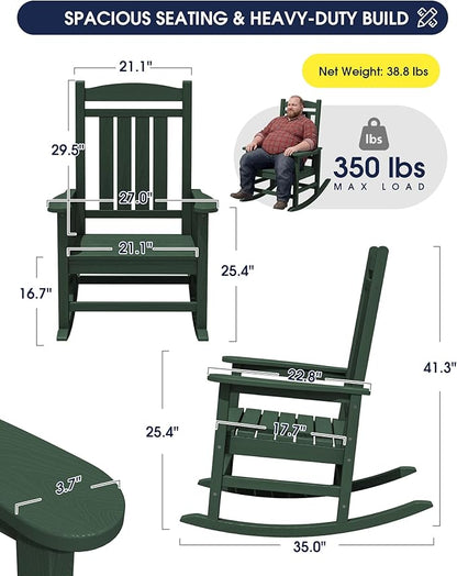 KINGYES HDPE Outdoor Rocking Chair, All-Weather Patio Rocking Chair, Weather Resistant Porch Rocker for Adults, Dark Green