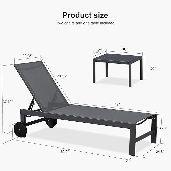 PURPLE LEAF Patio Chaise Lounge Set for 4 Outdoor Pool Lounge Chairs with Adjustable Backrest and Side Tables Aluminum - Photo 3