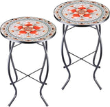2PCS 12 Inch Small Outdoor Side Table with Pink Flower, Glass Mosaic Patio Table Indoor - Photo 1
