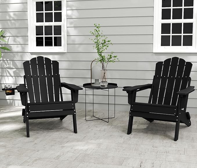 FOOWIN HDPE Adjustable Adirondack Chair Set of 2, 400lbs Heavy Duty Folding Patio Chairs with Cup Holder, 3-Position Reclining Fire Pit Seating, All-Weather Poly Lumber for Backyard, Deck-Black