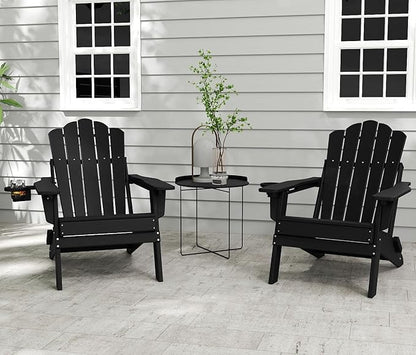 FOOWIN HDPE Adjustable Adirondack Chair Set of 4, 400lbs Heavy Duty Folding Patio Chairs with Cup Holder, 3-Position Reclining Fire Pit Seating, All-Weather Poly Lumber for Backyard, Deck - Black