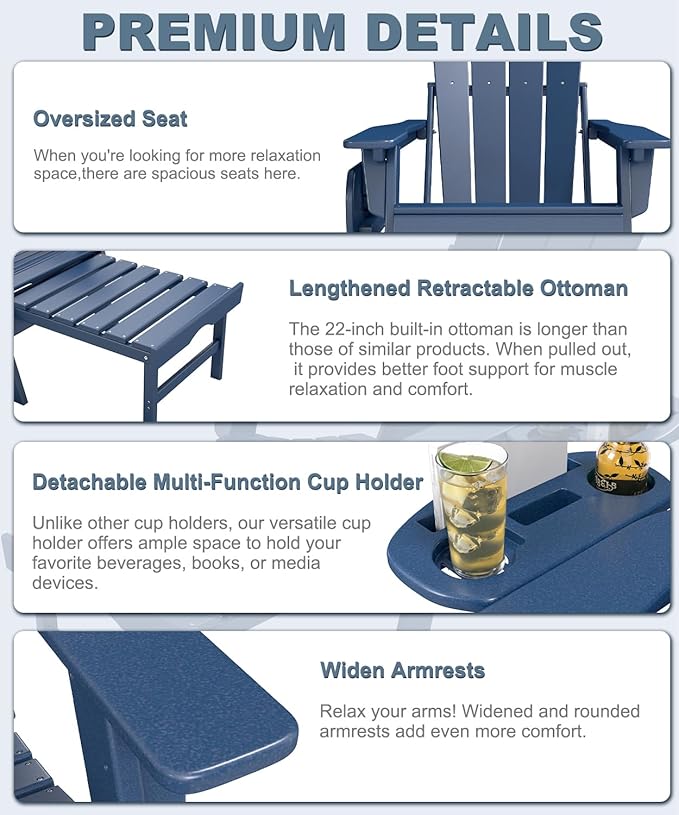 Adjustable Adirondack Chair with Retractable Ottoman Set of 2, HDPE Folding Adirondack Chair with Cup Holder, All Weather Fire Pit Chair for Outdoor.