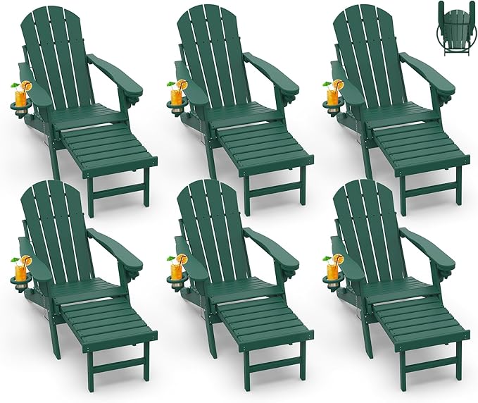GREENVINES Adirondack-Chairs-with-Ottoman | Set of 6 | Folding | Retractable-Footrest | HDPE Plastic | All Weather Fire Pit Chair | Cup Holders | Forest | for Outdoor Poolside
