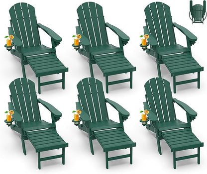 GREENVINES Adirondack-Chairs-with-Ottoman | Set of 6 | Folding | Retractable-Footrest | HDPE Plastic | All Weather Fire Pit Chair | Cup Holders | Forest | for Outdoor Poolside