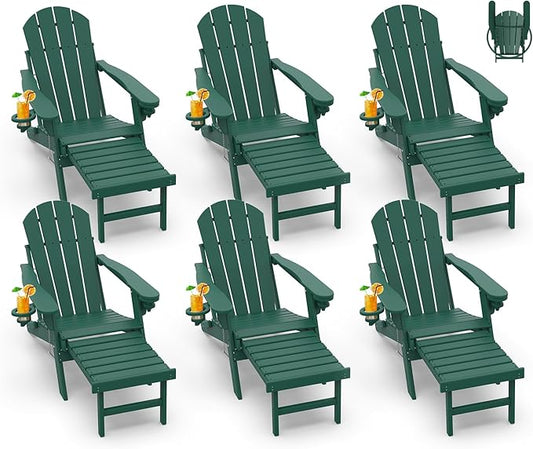GREENVINES Adirondack-Chairs-with-Ottoman | Set of 6 | Folding | Retractable-Footrest | HDPE Plastic | All Weather Fire Pit Chair | Cup Holders | Forest | for Outdoor Poolside