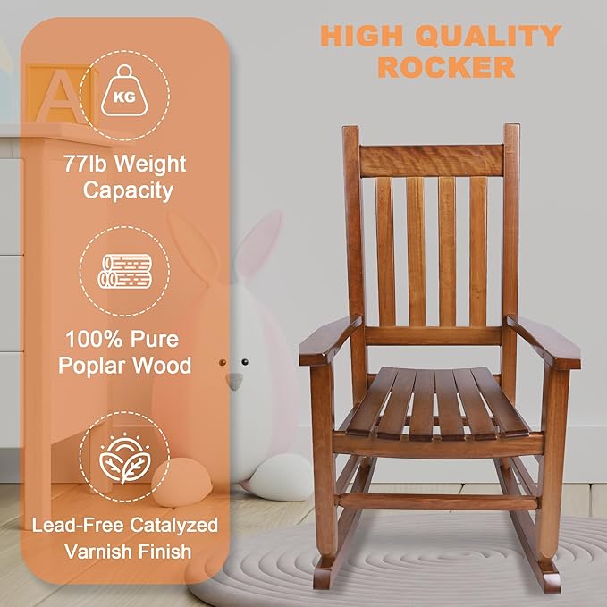 Kids Rocking Chair for Toddler and Children Comfy Recliner Wooden Rocker for Baby Girls Outdoor Lounge for Age 6-10 Indoor Anti-Tip Design Safe & Sturdy Brown