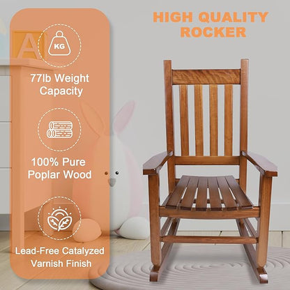 Kids Rocking Chair for Toddler and Children Comfy Recliner Wooden Rocker for Baby Girls Outdoor Lounge for Age 6-10 Indoor Anti-Tip Design Safe & Sturdy Brown