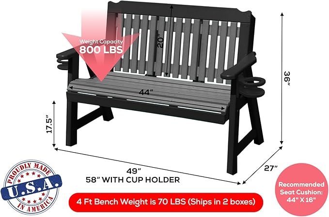 2-Person 4FT Plastic Poly Lumber Wood Cup Holders Bench Amish Craftsmanship Made in USA HDPE with No wood fibers Memorial Patio Outdoor Garden Porch Church Logan Series Signature design 800 lbs Limit