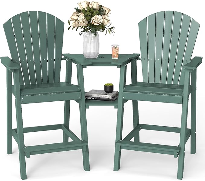 FOOWIN Tall Adirondack Chair Set of 2, All Weather HDPE Bar Height Adirondack Chair with Double Connecting Trays, Adirondack Barstools for Balcony, Deck, Backyard, Patio, Garden Dark Green