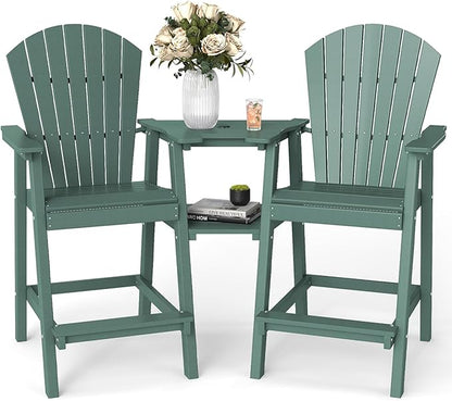 FOOWIN Tall Adirondack Chair Set of 2, All Weather HDPE Bar Height Adirondack Chair with Double Connecting Trays, Adirondack Barstools for Balcony, Deck, Backyard, Patio, Garden Dark Green