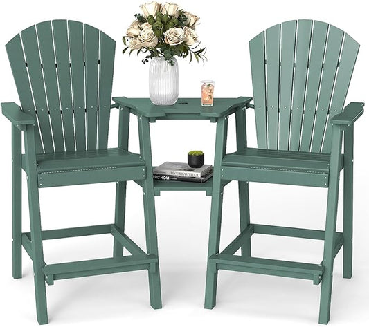 FOOWIN Tall Adirondack Chair Set of 2, All Weather HDPE Bar Height Adirondack Chair with Double Connecting Trays, Adirondack Barstools for Balcony, Deck, Backyard, Patio, Garden Dark Green