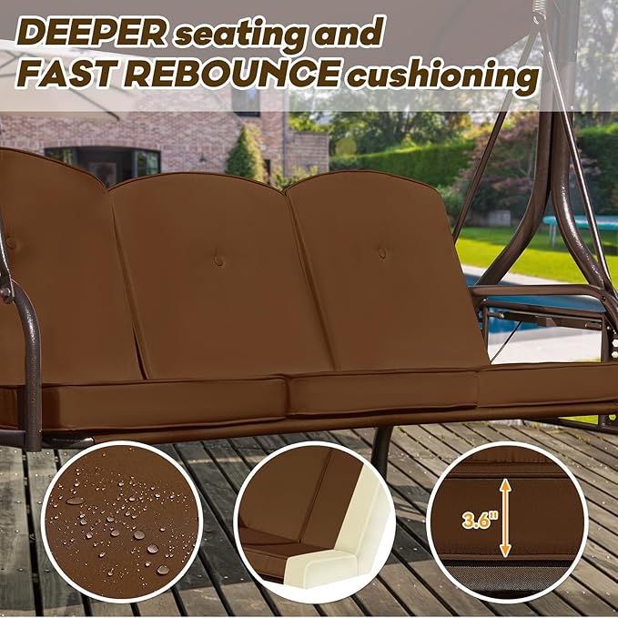 3 in 1 Patio Swing with Adjustable Canopy for Adults, 3 Seat Outdoor Swing with Thickened Cushions - Photo 7