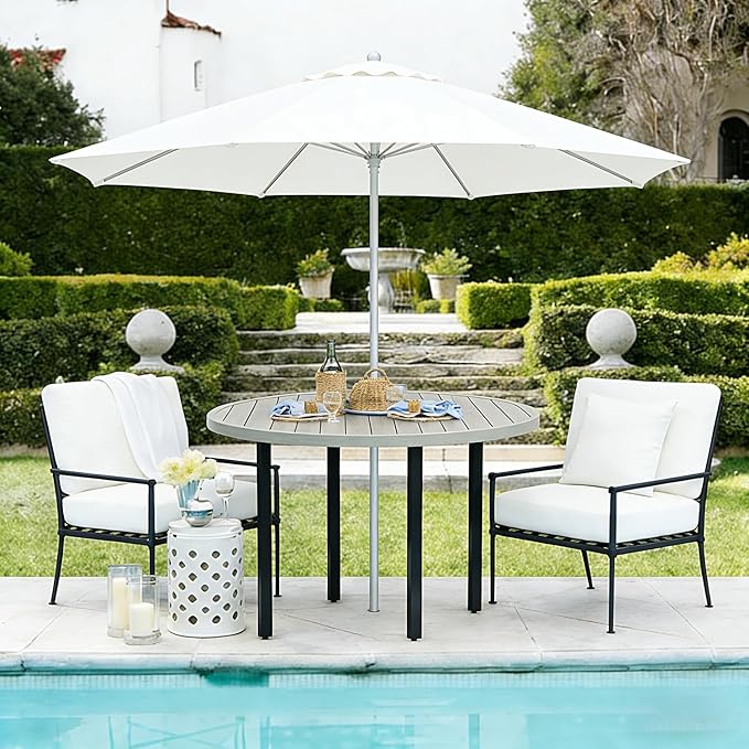All-Weather 47" Round Outdoor Patio Table for 6, Metal Ivory Dining Table with Adjustable Umbrella Hole, Garden - Photo 3