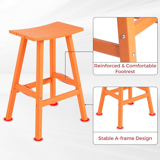 Costaelm All-Weather Bar Stools Set of 3, 29" Height Outdoor Bar Stools, Adirondack Poly Patio Bar Stool for Patio, Deck, Kitchen Counter and Garden, Orange