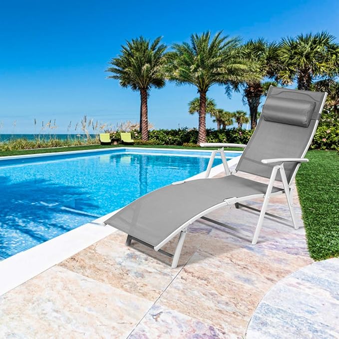 COSTWAY 2PCS Outdoor Folding Chaise Lounge Chair, Lightweight 7-Gear Adjustable Recliner with Neck Pillow, No Assembly, Ideal for Deck, Patio (Grey)