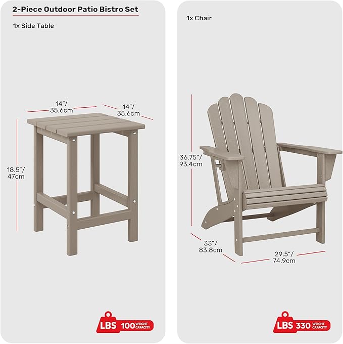Costaelm Lakeview Outdoor Patio HDPE Adirondack Chair with Cup Holder and Table Set, Weathered Wood