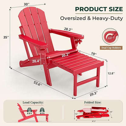 BRIOPAWS Adirondack-Chair-with-Pull-Out-Footrest | Folding | HDPE Plastic | Fire Pit Chairs | All Weather | Cup Holders | Curved Back | Retractable Ottoman | for Outdoor Deck Poolside | Red