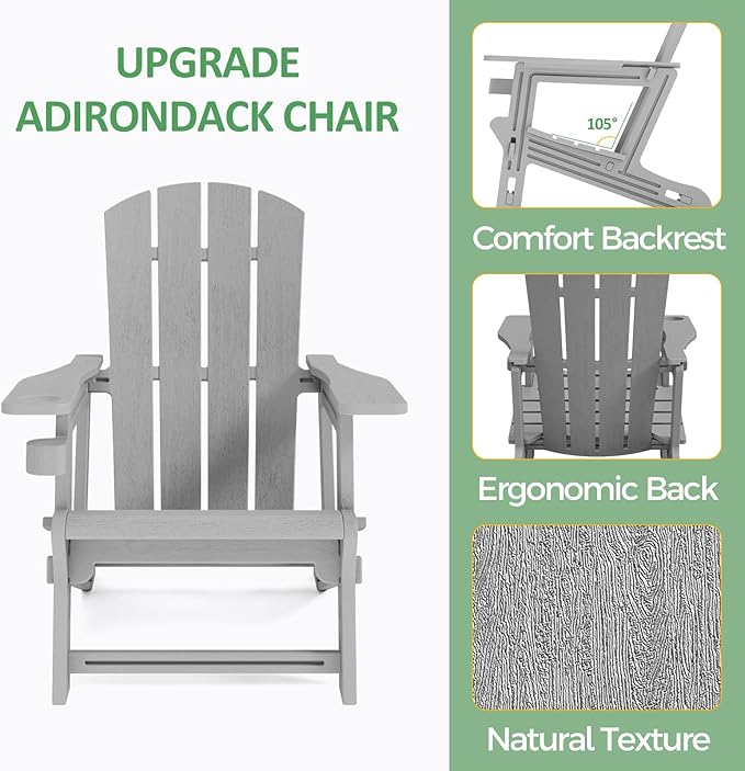 Modern Adirondack Chair, HDPE Plastic Adirondack Chairs, Plastic Outdoor Lawn Chairs for Fire Pit, Deck, Porch, Backyard, Garden, Grey