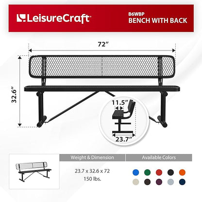 Leisure Craft Metal Outdoor Bench with Back - 6 Foot Heavy Duty Bench Seating for Garden, Porch, Picnic, Park, Expanded Metal, Thermoplastic Coating, Commercial Grade Furniture Made in USA - Black