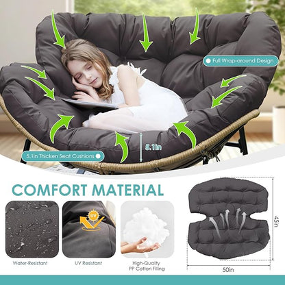 RADIATA 2 PCS Indoor Outdoor Papasan Rocking Chair Set, Oversized Patio Lounge Chair with Cushion, All Weather Wicker Comfy Loveseat Recliner, 450 lbs Capacity for Balcony Porch Garden livingroom grey
