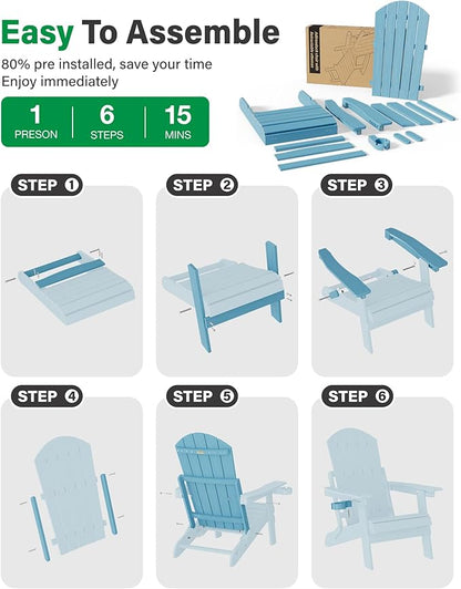 YEFU Adirondack Chair with Retractable Ottoman: Folding Adirondack Chairs Set of 2-5-Level Adjustable Backrest with Footrest - Fire Pit Chairs - Cup Holder - Outdoor Plastic Chair for Patio