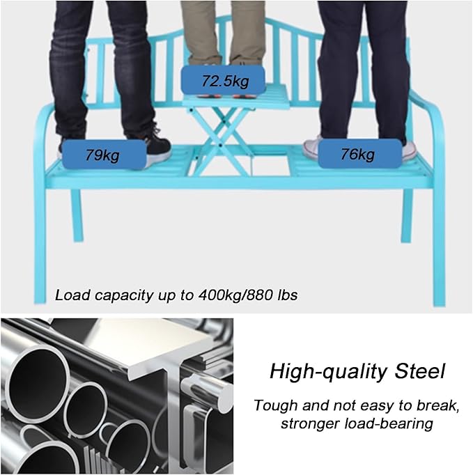 Weatherproof Outdoor Bench, Patio Metal Garden Bench with Built in Table for Yard Lawn Decor Deck(Brown)