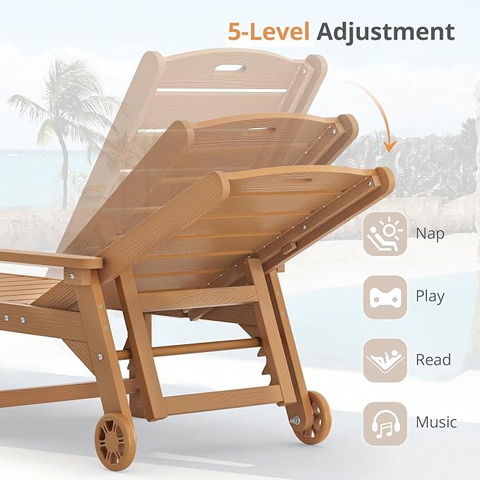 LUE BONA Chaise Lounge Chair with Table, 6-Piece, HDPS Chaise Lounger, 5 Positions Adjustable Lounge Chairs - Photo 6