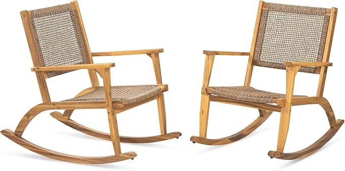 Merax 2-Piece Patio Rocking Chair Set, Acacia Wood Outdoor Rockers with PE Wicker Rattan Seat & Backrest - Photo 8