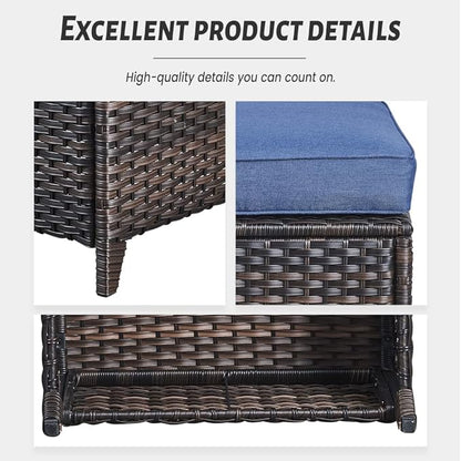 Belord Outdoor Swivel Chairs Set of 2,Patio Wicker Rocker Chairs with Ottomans, All Weather Patio Conversation Furniture Set, Ideal for Porch Balcony Deck Yard, Brown Wicker/Blue