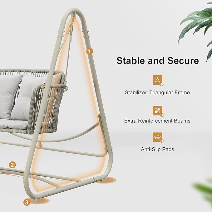 PURPLE LEAF 2-Seat Cloud Swing Chair with Stand Patio Wicker Bench Glider Loveseat Hanging Swinging for Indoor Outside Backyard Garden Outdoor Hammock Porch Swing, Cushion and Pillows Included, Cream