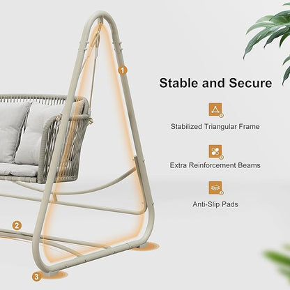 PURPLE LEAF 2-Seat Cloud Swing Chair with Stand Patio Wicker Bench Glider Loveseat Hanging Swinging for Indoor Outside Backyard Garden Outdoor Hammock Porch Swing, Cushion and Pillows Included, Cream