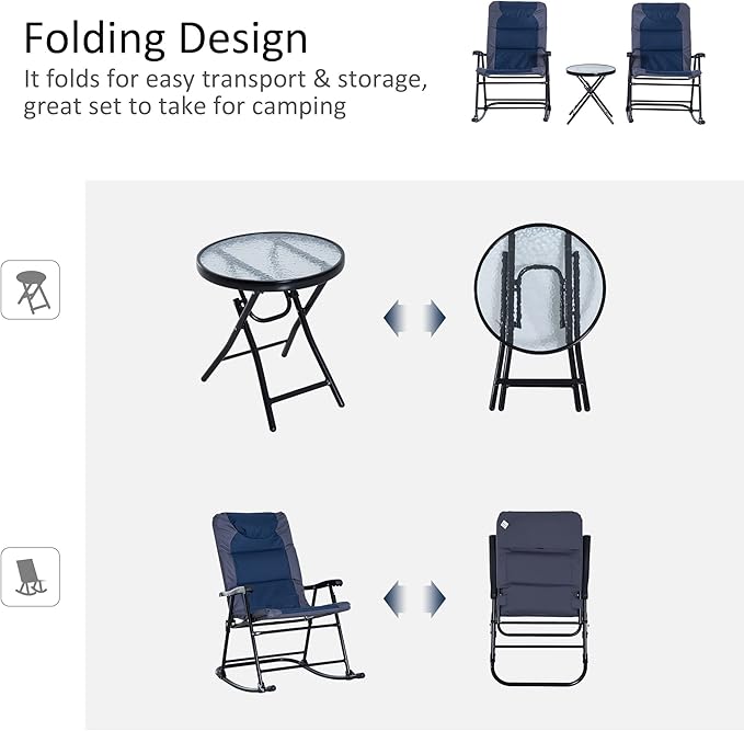 Outsunny 3 Piece Outdoor Patio Furniture Set with Glass Coffee Table & 2 Folding Padded Rocking Chairs, Bistro Style for Porch, Camping, Balcony, Navy Blue