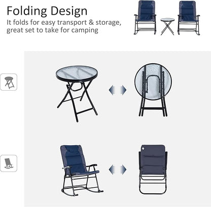 Outsunny 3 Piece Outdoor Patio Furniture Set with Glass Coffee Table & 2 Folding Padded Rocking Chairs, Bistro Style for Porch, Camping, Balcony, Navy Blue