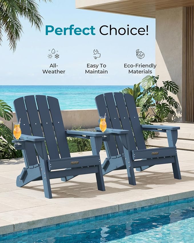 Folding Adirondack Chair 4 Pack, HDPE All-Weather Fire Pit Chairs, Plastic Adirondack Chairs with 2 Cup Holder, Outdoor Lawn Chair for Patio Garden (New Blue)