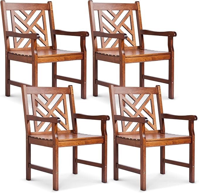VINGLI Outdoor Dining Chairs Set of 4, Heavy Duty 330 LBS Wooden Patio Chairs with Comfortable Backrest, Solid Wood Patio Dining Chairs Garden Chairs for Yard, Front Porch and Deck (Teak, 4 PCS)